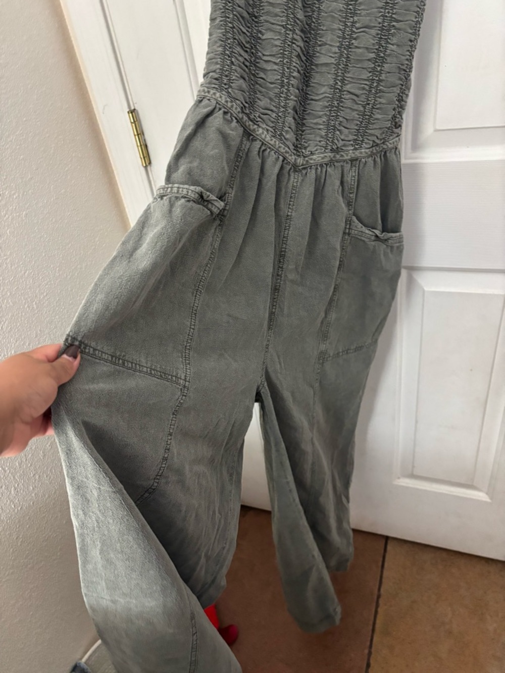 Free People Olive Green Smocked Bodice Wide-Leg Jumpsuit - Picture 3 of 5